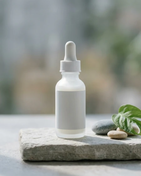 Frasco de sérum com ceramidas sobre uma pedra