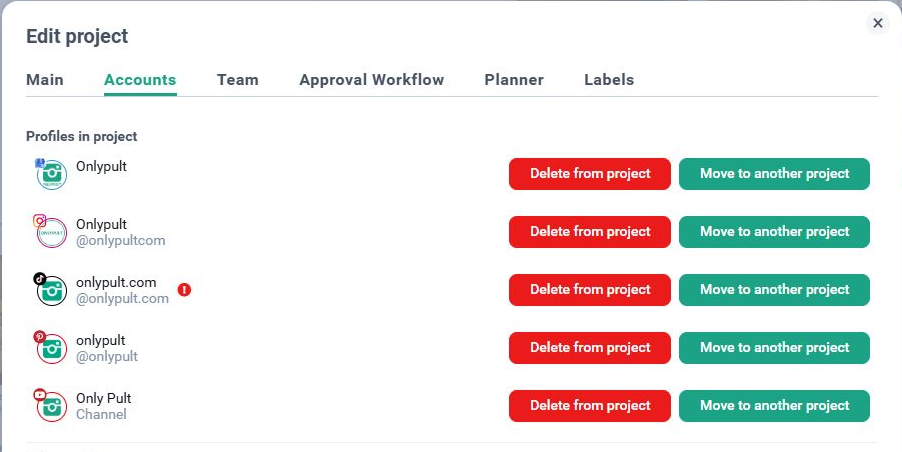Social profiles in the Accounts tab of an Onlypult Project