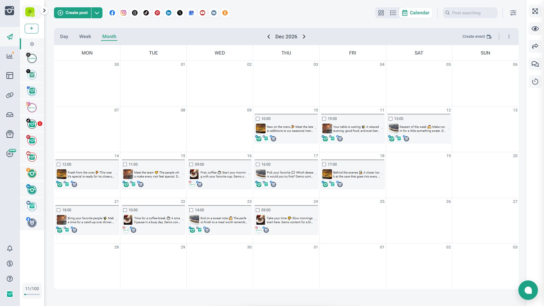 Onlypult Project calendar in Month view with English demonstration posts across several social networks