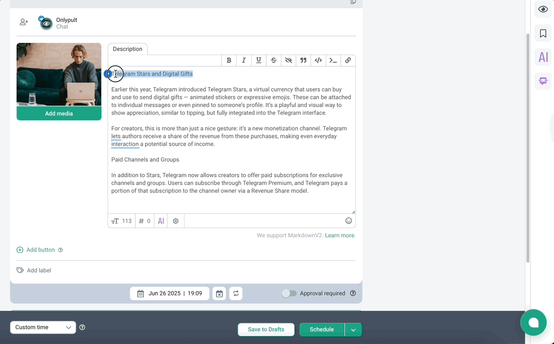 Editor de texto con formato para Telegram