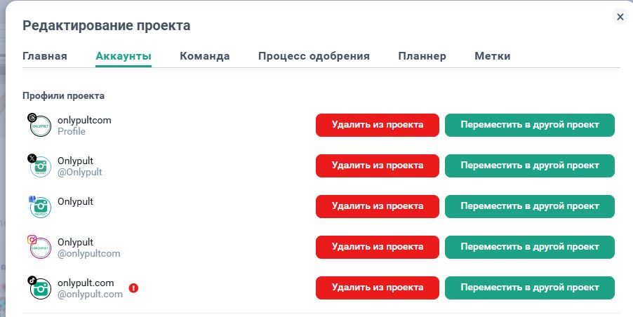 Вкладка «Аккаунты»: социальные профили, входящие в проект.