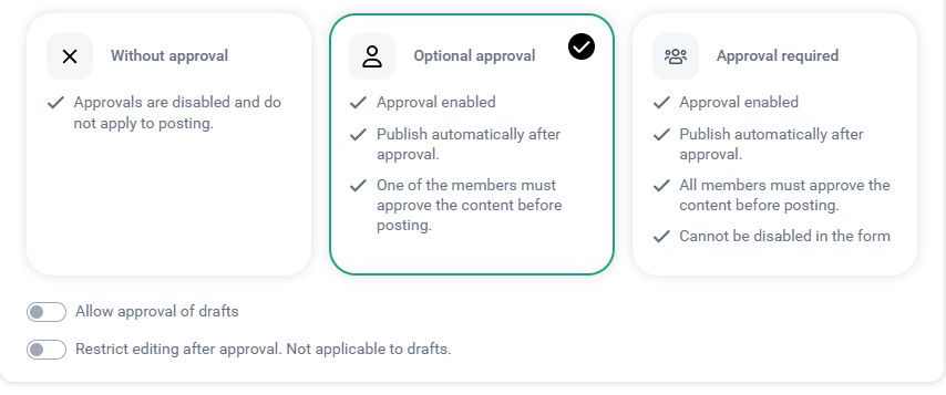 Approval options and draft controls in the English Onlypult interface