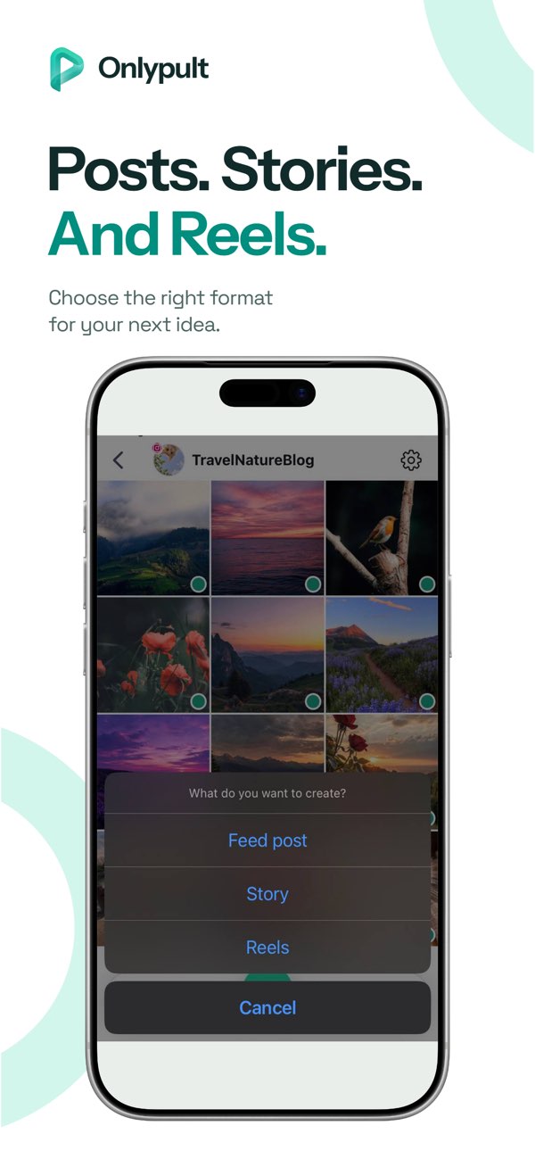 Выбор поста, истории или Reels в Onlypult для iOS