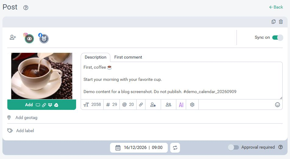 An English-language demonstration post prepared for Instagram and Facebook