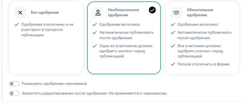 Настройки одобрения: без одобрения, необязательное и обязательное одобрение.
