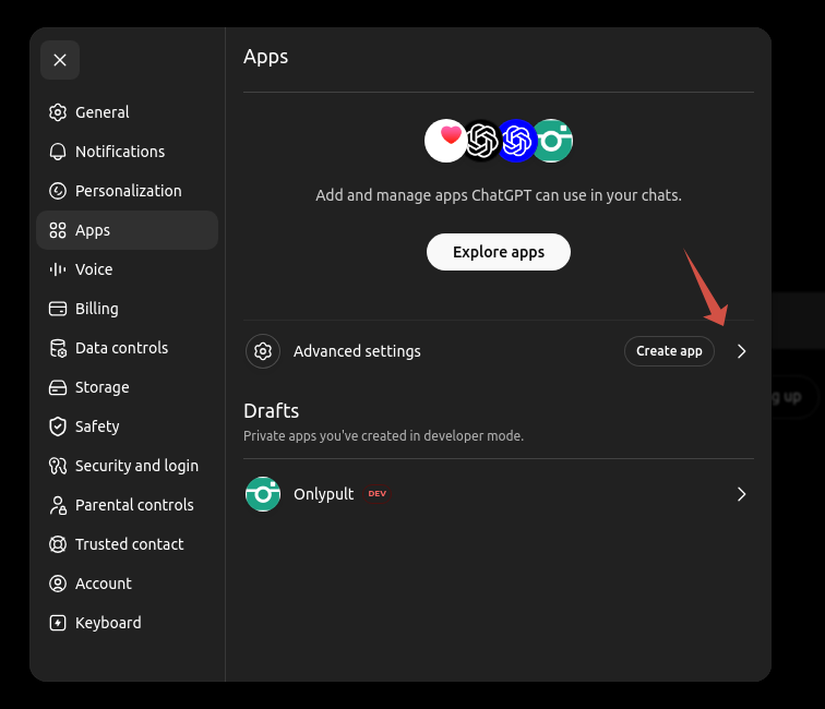 ChatGPT Apps settings with Create app button under Advanced settings