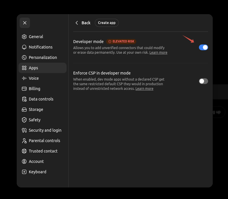 ChatGPT Apps settings with Developer mode toggle enabled
