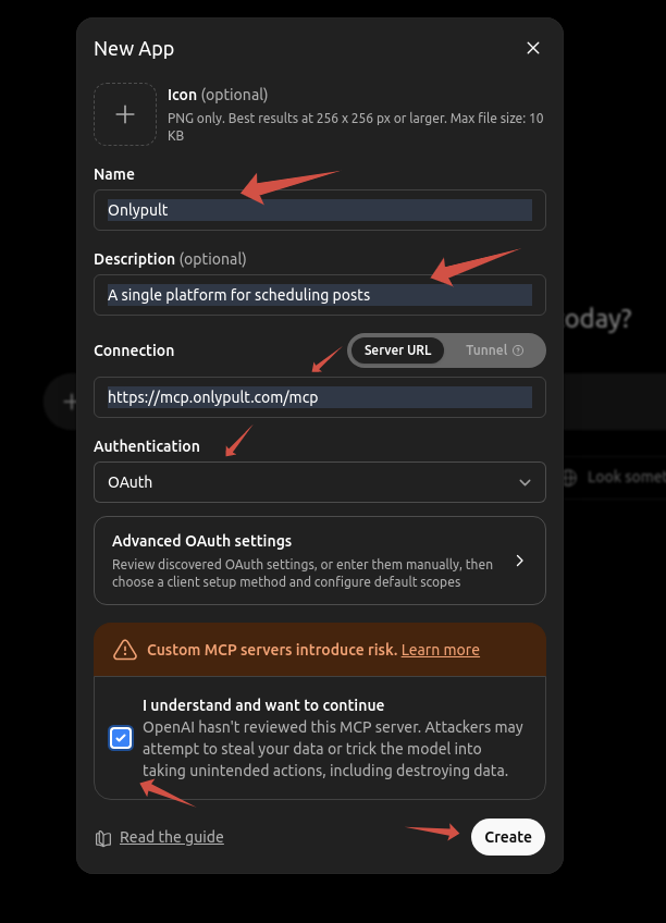 New App form filled with Onlypult name, MCP server URL, and OAuth authentication