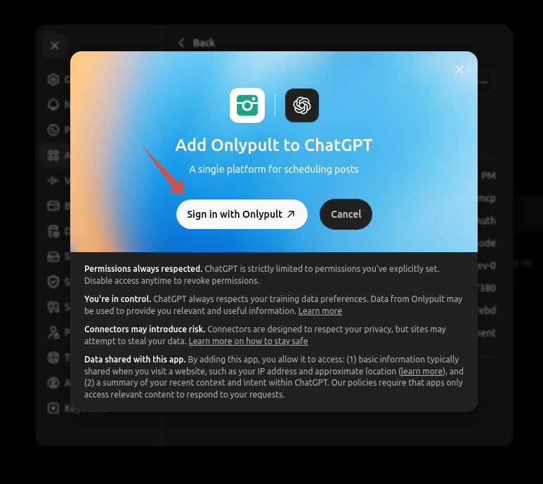 Add Onlypult to ChatGPT dialog with Sign in with Onlypult button