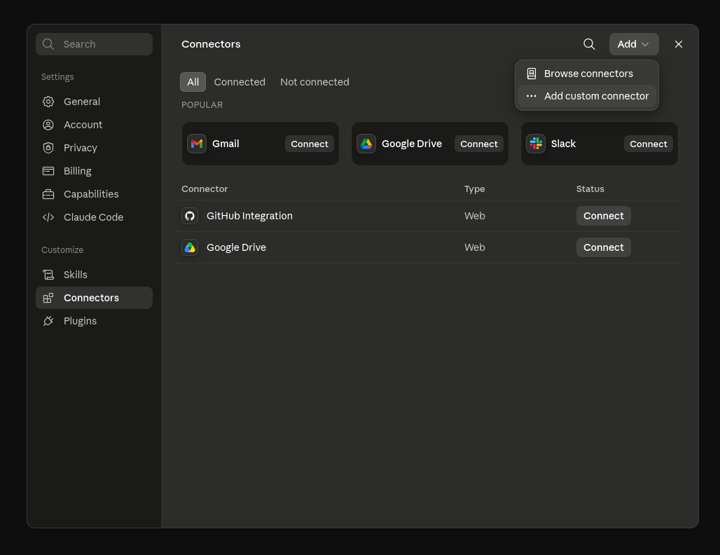 Claude.ai Settings with Connectors selected and Add custom connector in the dropdown menu