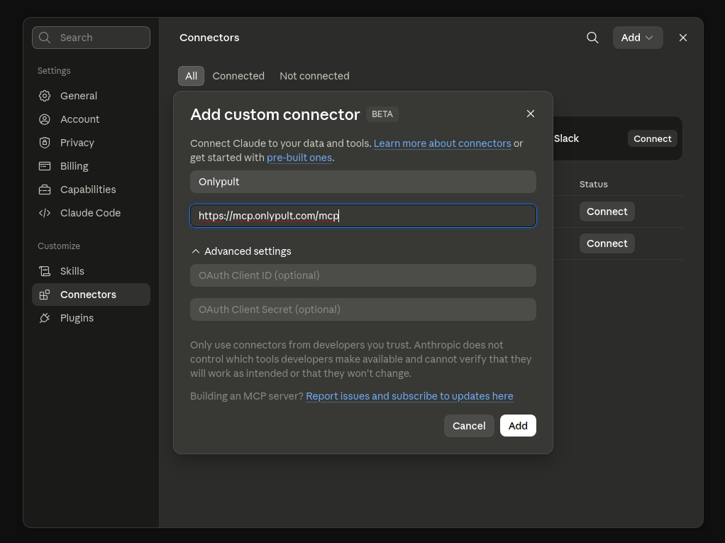 Add custom connector dialog with Onlypult name and MCP server URL filled in
