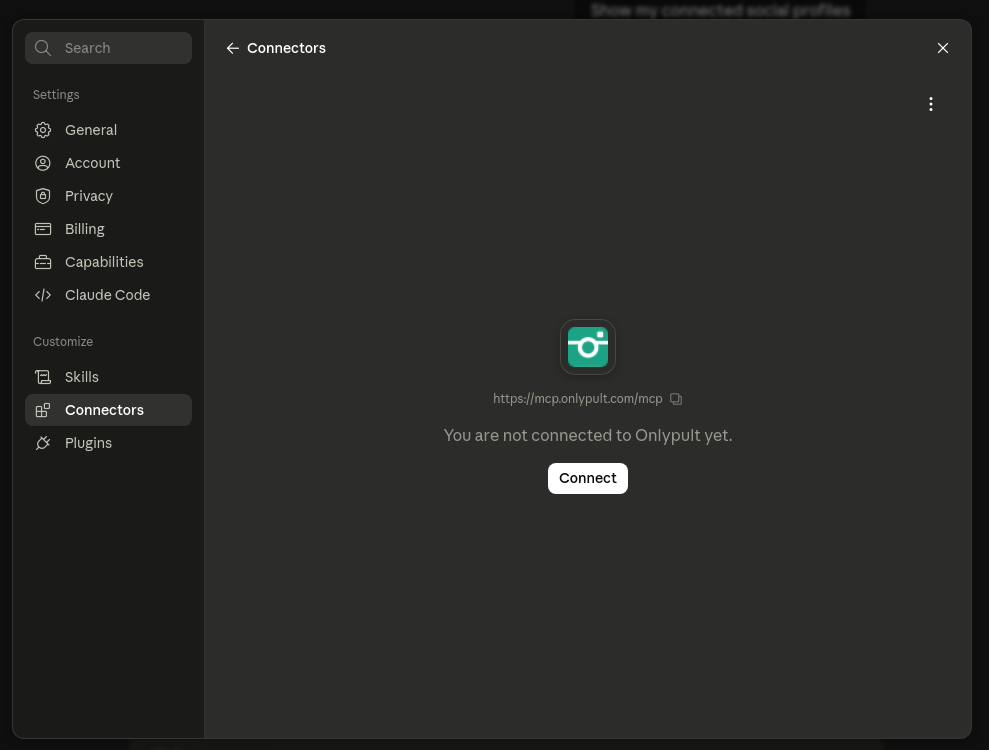 Onlypult connector page with Connect button to start OAuth authorization