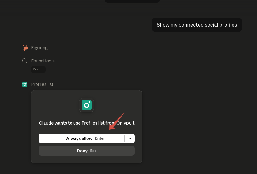 Claude.ai permission dialog asking to allow Profiles list tool from Onlypult