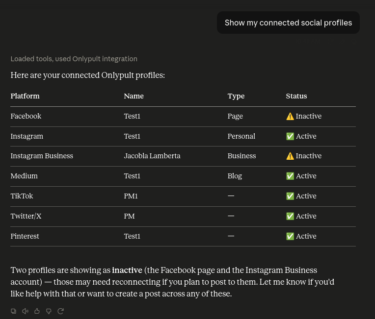 Claude.ai response showing a table of connected social profiles from Onlypult